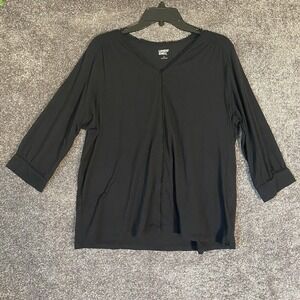 Lands End Womens Top Size Large V-Neck 3/4 Sleeve Black Trim‎ Knit Minimalist